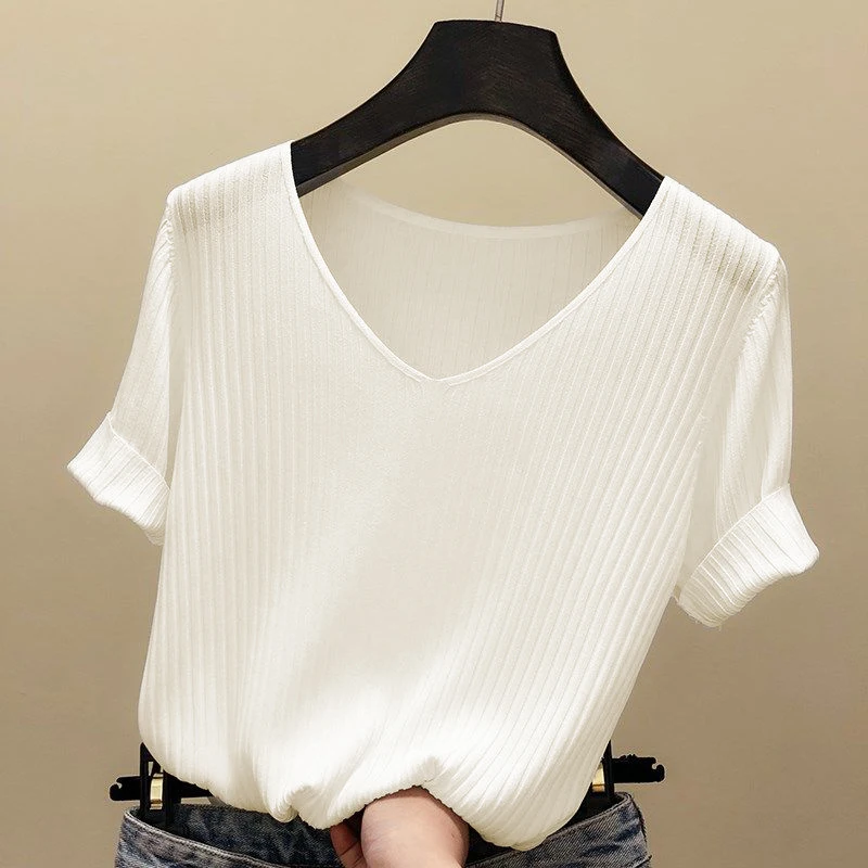2025 Female Thin Knitted Ribbed Sweater Women Basic V-neck Solid Thin Summer Pullover Slim Short Sleeve Bodycon Sweater - Image 2