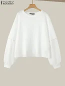 ZANZEA 2025 Autumn Women Sweatshirt Vintage Pearl Mesh Splicing Hoodies Fashiong Long Sleeve Pullovers Casual Korean Jumpers