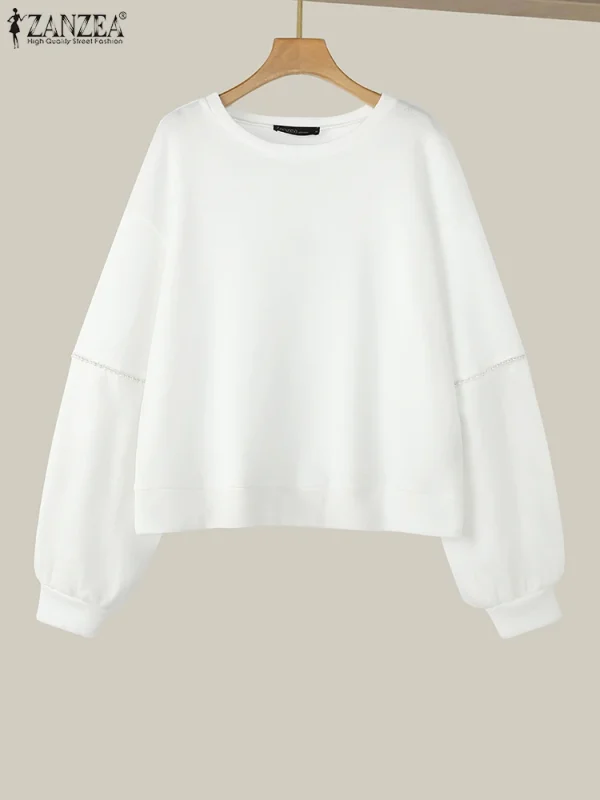 ZANZEA 2025 Autumn Women Sweatshirt Vintage Pearl Mesh Splicing Hoodies Fashiong Long Sleeve Pullovers Casual Korean Jumpers - Image 4
