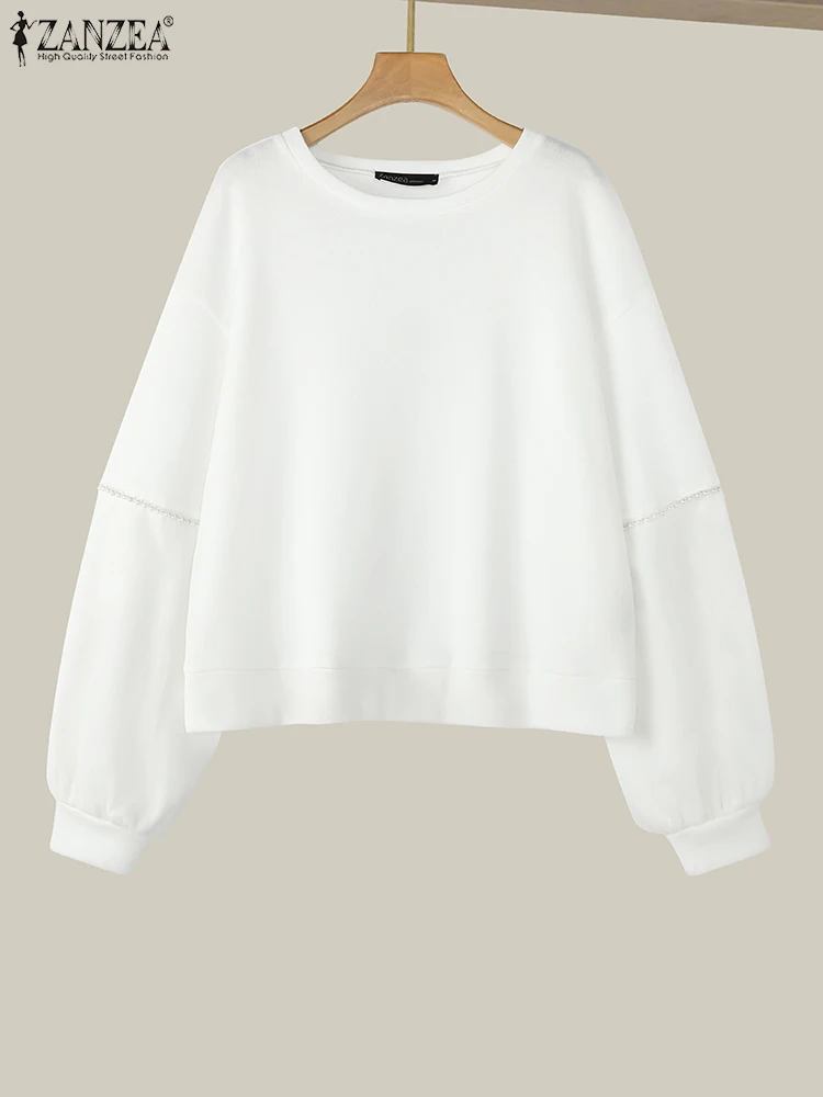 ZANZEA 2025 Autumn Women Sweatshirt Vintage Pearl Mesh Splicing Hoodies Fashiong Long Sleeve Pullovers Casual Korean Jumpers - Image 4