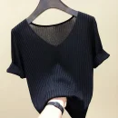 2025 Female Thin Knitted Ribbed Sweater Women Basic V-neck Solid Thin Summer Pullover Slim Short Sleeve Bodycon Sweater