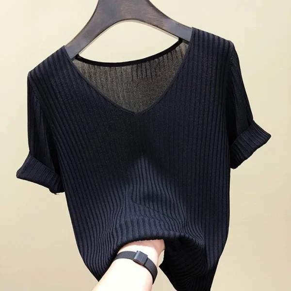 2025 Female Thin Knitted Ribbed Sweater Women Basic V-neck Solid Thin Summer Pullover Slim Short Sleeve Bodycon Sweater - Image 3
