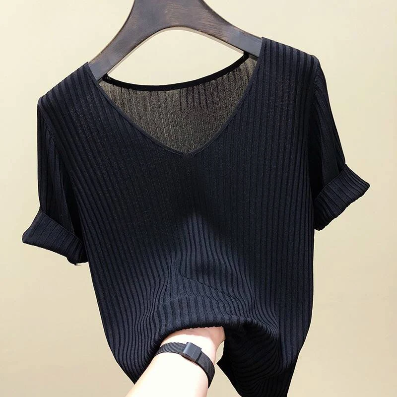 2025 Female Thin Knitted Ribbed Sweater Women Basic V-neck Solid Thin Summer Pullover Slim Short Sleeve Bodycon Sweater - Image 3