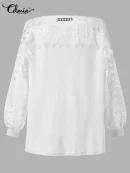 2023 Celmia Women Spring Plush Pullovers Sweaters Elegant Long Lantern Sleeve Shirt Tunic Fashion Lace Hollow Fur Top Streetwear