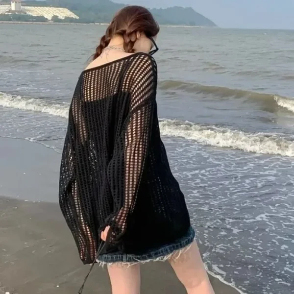 New Female Personality Loose Casual Solid Pullovers Women Breathable Hollow Out Lazy Style Japanese Version Sweater Summer - Image 4