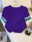 New Summer Heart Pattern Ribbed Pullover Sweater Casual Contrast Trim Crew Neck Short Sleeve Sweater Women's Clothing Crop Top