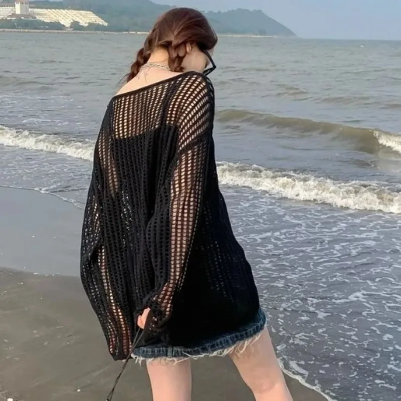 PTKPCC Female Personality Loose Casual Solid Pullovers Women Breathable Hollow Out Lazy Style Japanese Version Sweater Summer - Image 2