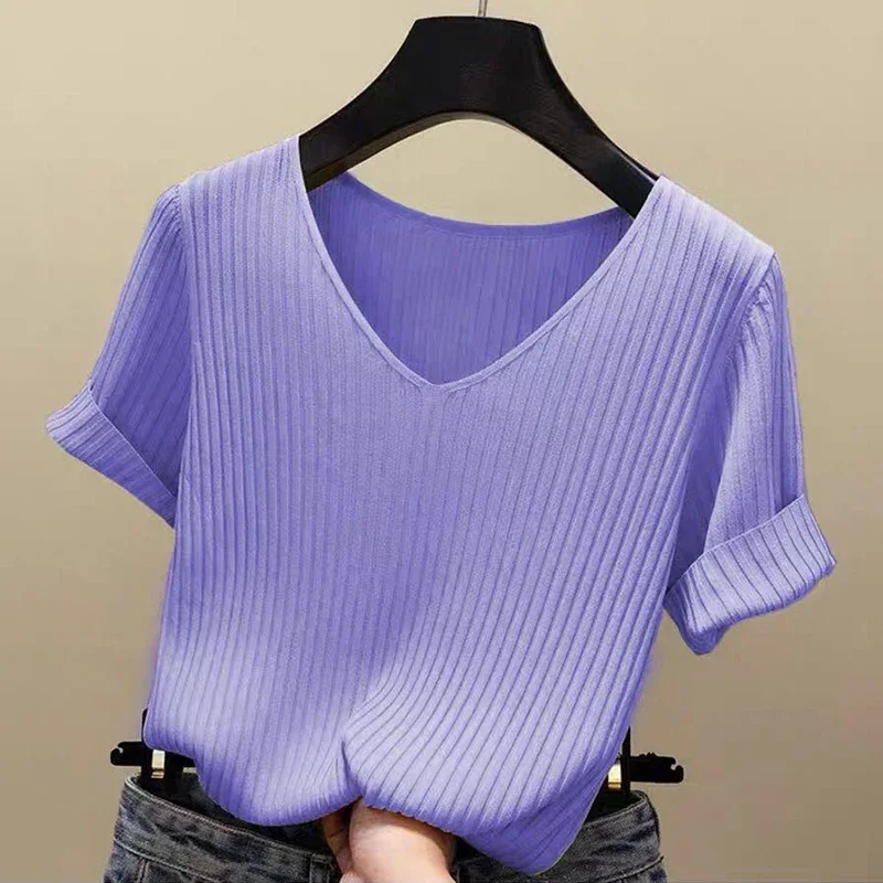 2025 Female Thin Knitted Ribbed Sweater Women Basic V-neck Solid Thin Summer Pullover Slim Short Sleeve Bodycon Sweater - Image 5