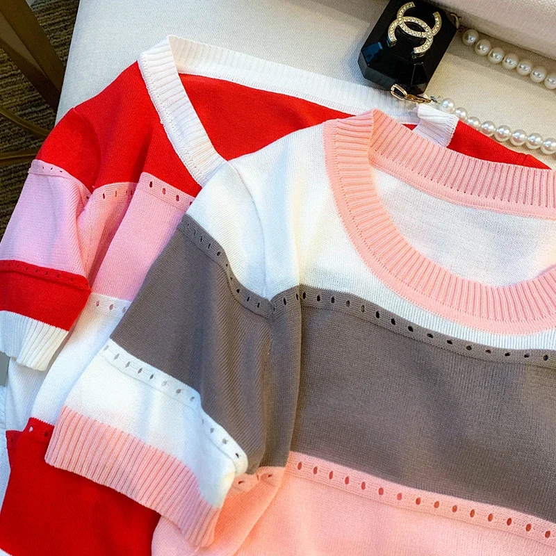 2026 New Strip Rainbow Hollow Out Crew Neck Pullover Sweater Versatile Short Sleeve Knitted Top For Spring & Women's Clothing - Image 3