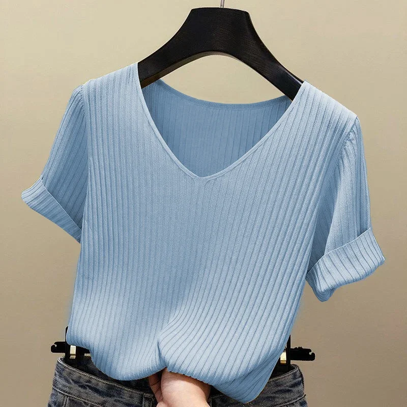 2025 Female Thin Knitted Ribbed Sweater Women Basic V-neck Solid Thin Summer Pullover Slim Short Sleeve Bodycon Sweater