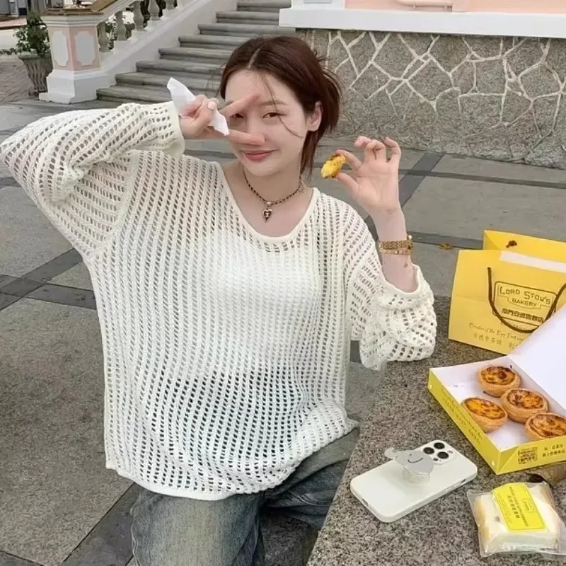 PTKPCC Female Personality Loose Casual Solid Pullovers Women Breathable Hollow Out Lazy Style Japanese Version Sweater Summer - Image 3