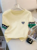 New Summer Heart Pattern Ribbed Pullover Sweater Casual Contrast Trim Crew Neck Short Sleeve Sweater Women's Clothing Crop Top