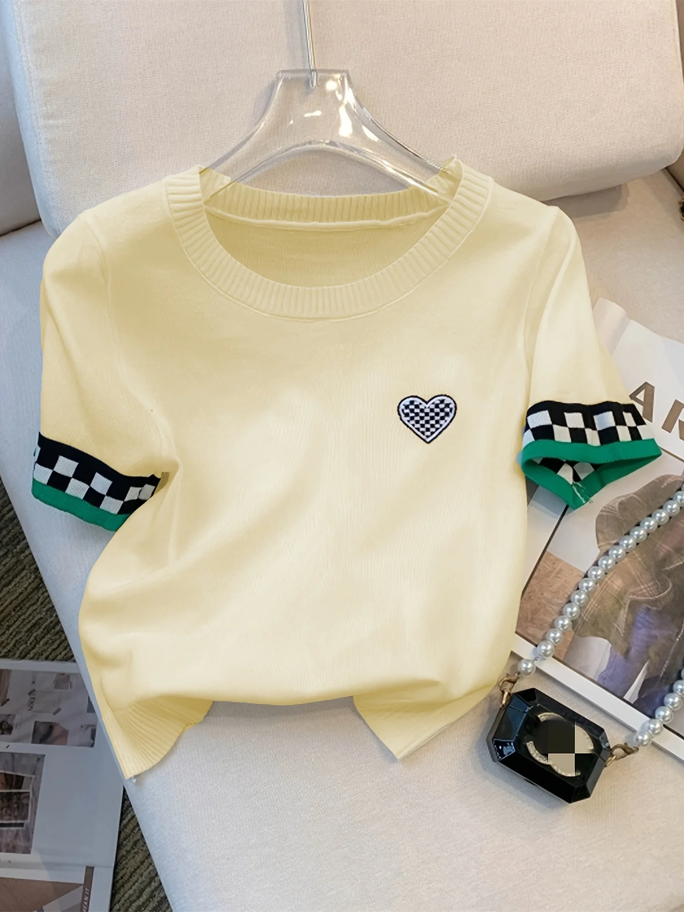 New Summer Heart Pattern Ribbed Pullover Sweater Casual Contrast Trim Crew Neck Short Sleeve Sweater Women's Clothing Crop Top - Image 3