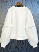 ZANZEA 2025 Autumn Women Sweatshirt Vintage Pearl Mesh Splicing Hoodies Fashiong Long Sleeve Pullovers Casual Korean Jumpers