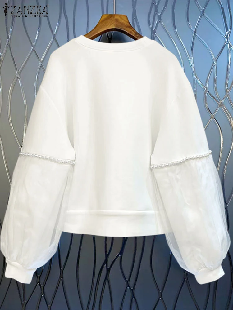ZANZEA 2025 Autumn Women Sweatshirt Vintage Pearl Mesh Splicing Hoodies Fashiong Long Sleeve Pullovers Casual Korean Jumpers - Image 3