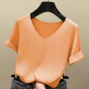 2025 Female Thin Knitted Ribbed Sweater Women Basic V-neck Solid Thin Summer Pullover Slim Short Sleeve Bodycon Sweater