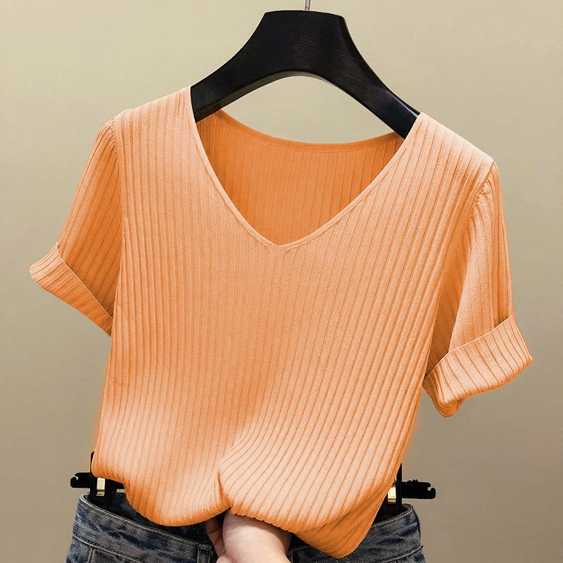 2025 Female Thin Knitted Ribbed Sweater Women Basic V-neck Solid Thin Summer Pullover Slim Short Sleeve Bodycon Sweater - Image 4