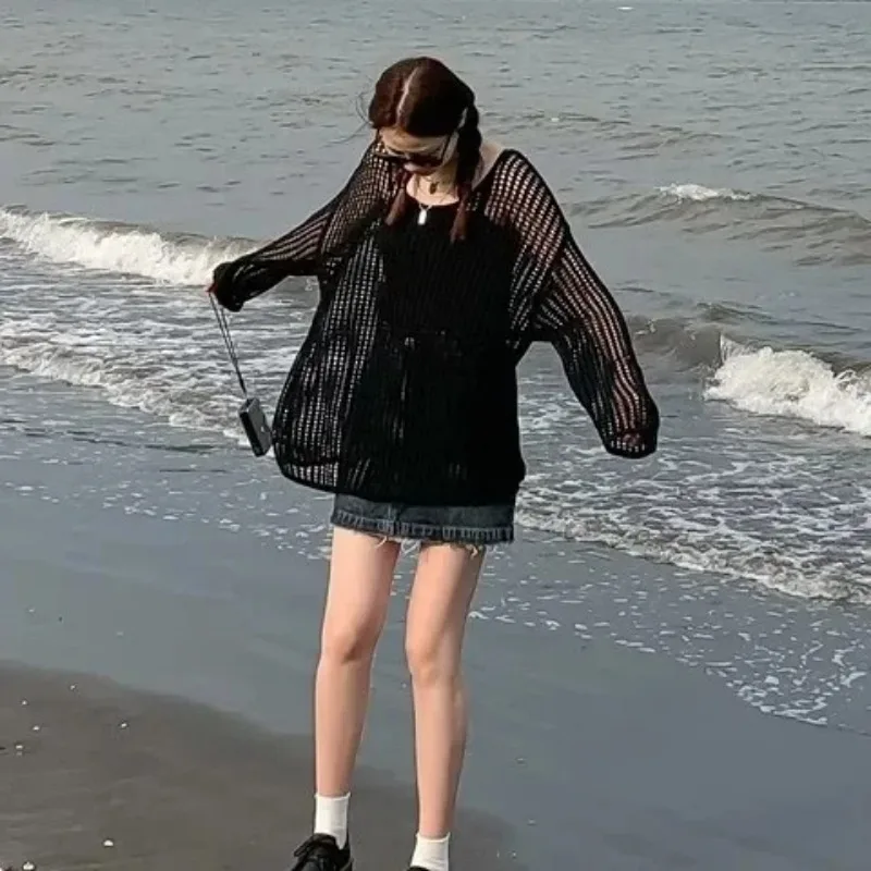 PTKPCC Female Personality Loose Casual Solid Pullovers Women Breathable Hollow Out Lazy Style Japanese Version Sweater Summer