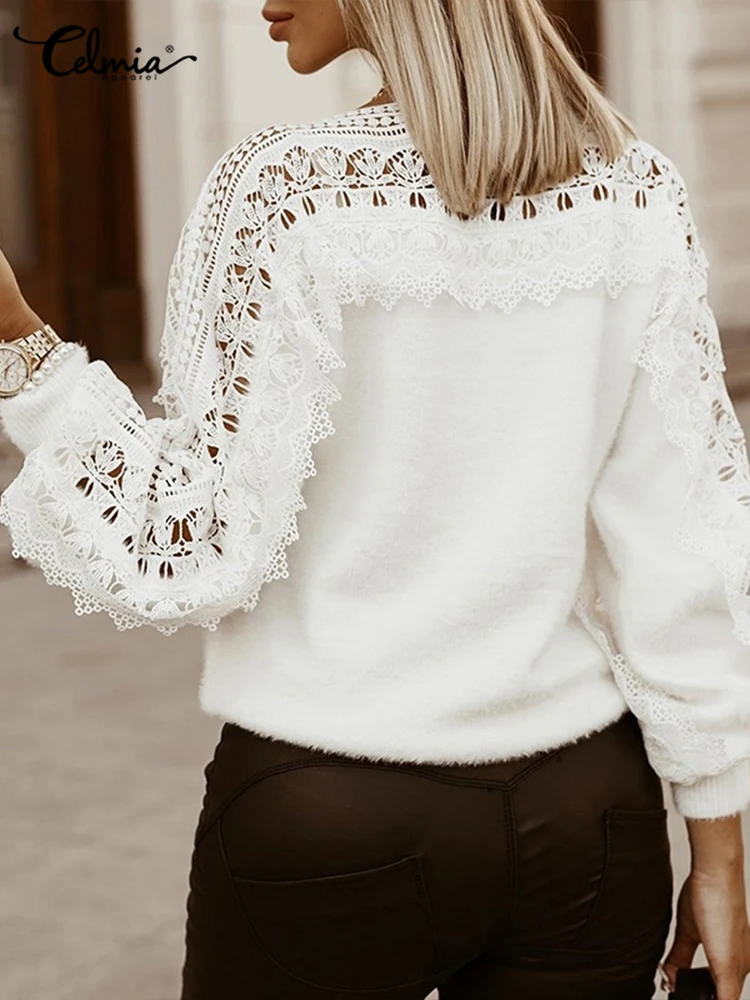 2023 Celmia Women Spring Plush Pullovers Sweaters Elegant Long Lantern Sleeve Shirt Tunic Fashion Lace Hollow Fur Top Streetwear - Image 2