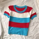 2026 New Strip Rainbow Hollow Out Crew Neck Pullover Sweater Versatile Short Sleeve Knitted Top For Spring & Women's Clothing