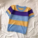 2026 New Strip Rainbow Hollow Out Crew Neck Pullover Sweater Versatile Short Sleeve Knitted Top For Spring & Women's Clothing