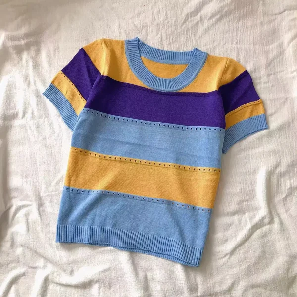 2026 New Strip Rainbow Hollow Out Crew Neck Pullover Sweater Versatile Short Sleeve Knitted Top For Spring & Women's Clothing - Image 6