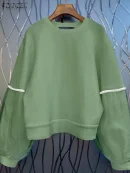 ZANZEA 2025 Autumn Women Sweatshirt Vintage Pearl Mesh Splicing Hoodies Fashiong Long Sleeve Pullovers Casual Korean Jumpers