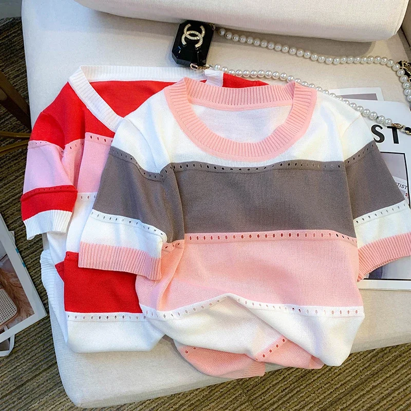 2026 New Strip Rainbow Hollow Out Crew Neck Pullover Sweater Versatile Short Sleeve Knitted Top For Spring & Women's Clothing - Image 2