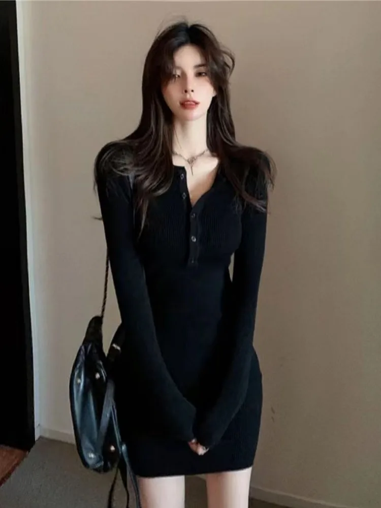 Autumn Winter Mini Dress Women V Neck Button Sexy Sweater Elegant Bodycon Dresses Long Sleeve Robe Short Skirt Waist Solid - Image 4