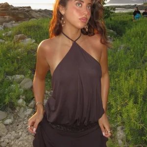 Hugcitar Women'S Fashion Halter Solid Backless Patchwork Lace Bandage Sexy Mini Dress 2025 Summer Clothes Vacation Party Club