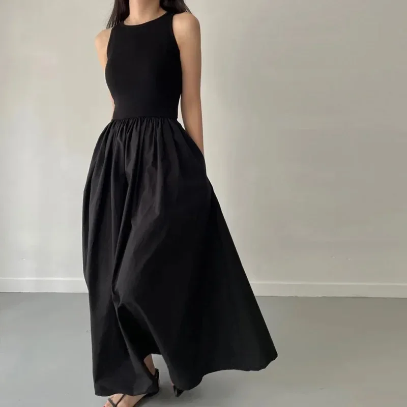 New Summer Simple Elegant Black Long Dresses For Women Round Neck Sleeveless High Waist Temperament Female Fashion Style Dress - Image 2