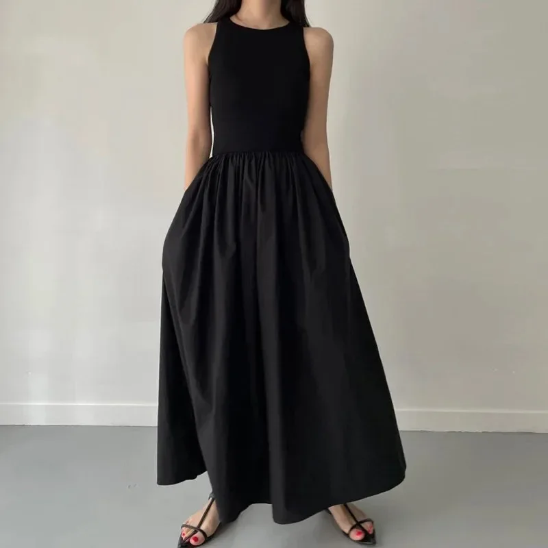 New Summer Simple Elegant Black Long Dresses For Women Round Neck Sleeveless High Waist Temperament Female Fashion Style Dress - Image 4