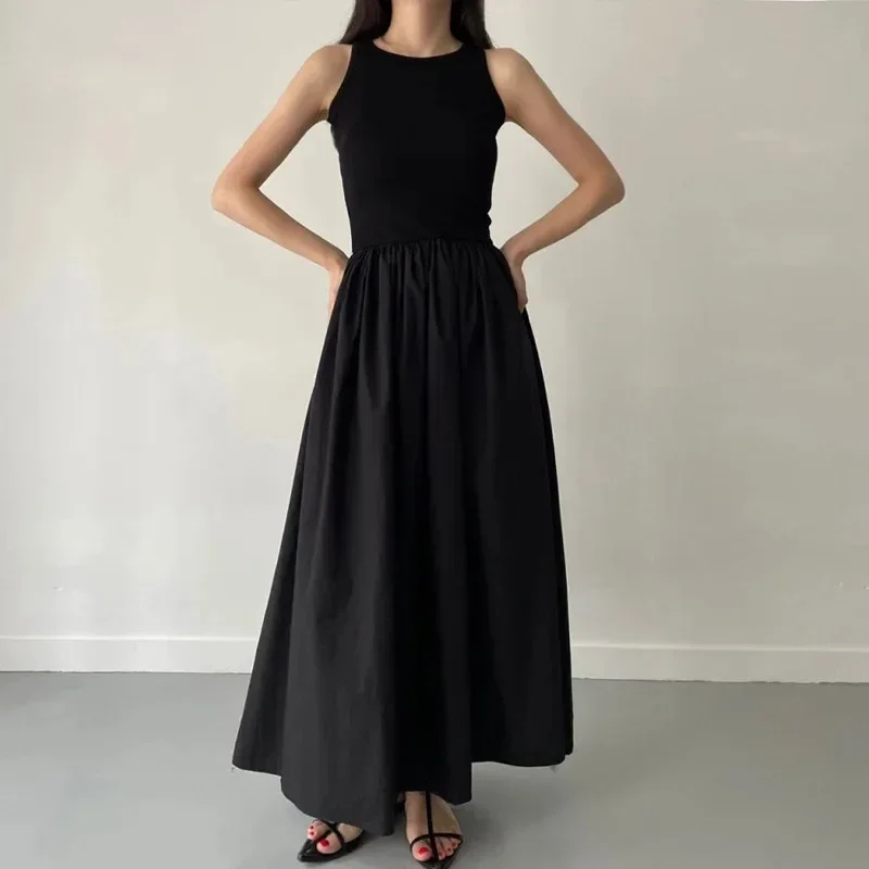 New Summer Simple Elegant Black Long Dresses For Women Round Neck Sleeveless High Waist Temperament Female Fashion Style Dress - Image 3