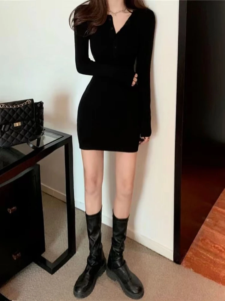 Autumn Winter Mini Dress Women V Neck Button Sexy Sweater Elegant Bodycon Dresses Long Sleeve Robe Short Skirt Waist Solid - Image 6