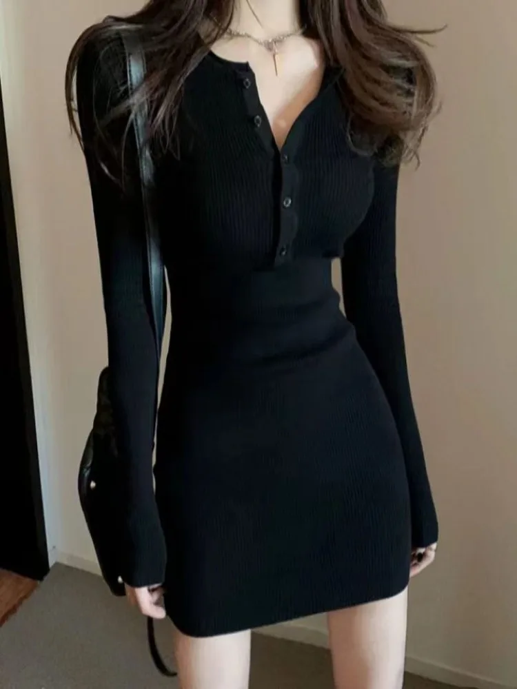 Autumn Winter Mini Dress Women V Neck Button Sexy Sweater Elegant Bodycon Dresses Long Sleeve Robe Short Skirt Waist Solid