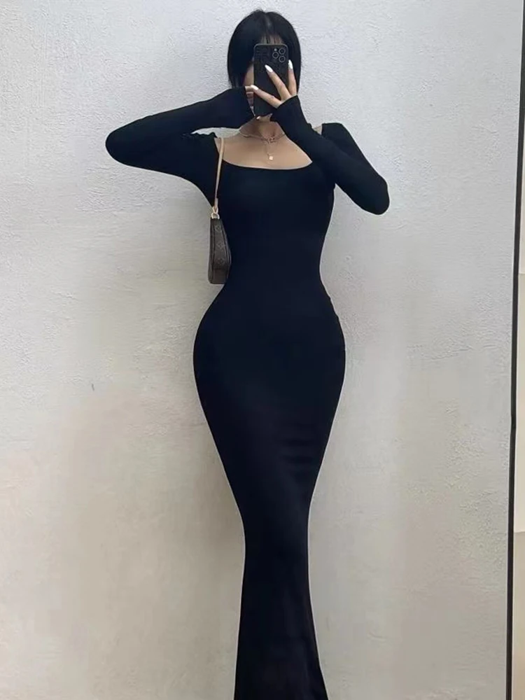 Ribbed Solid Long Sleeve Square Neck Skinny Bodycon Dress Women Autumn Sexy Evening Party Elegant Vestido Ladies Long Dresses