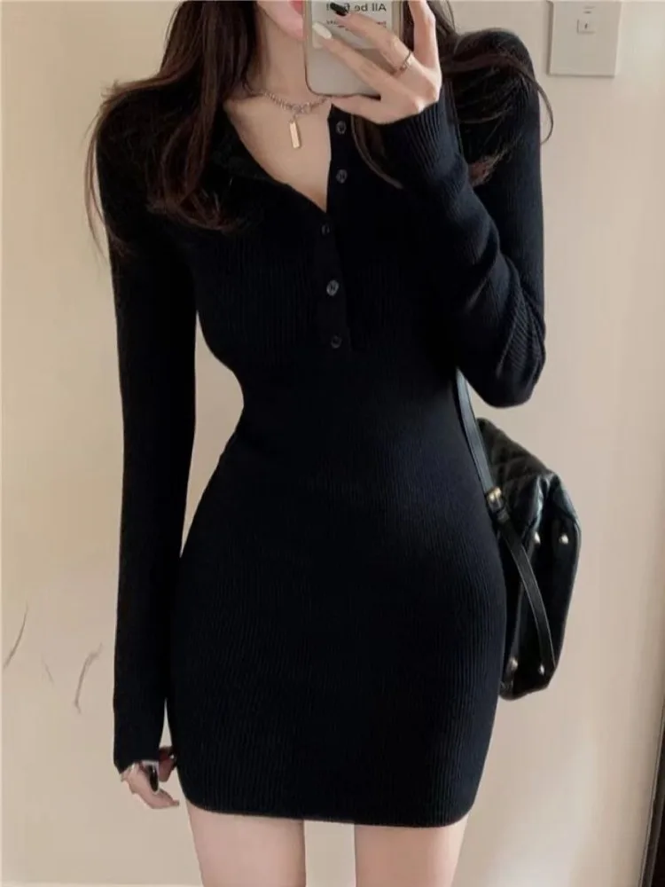 Autumn Winter Mini Dress Women V Neck Button Sexy Sweater Elegant Bodycon Dresses Long Sleeve Robe Short Skirt Waist Solid - Image 2